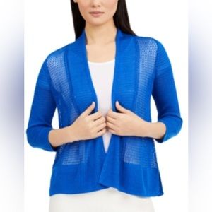 New Alfani Mixed-Stitch Open-Front Blue Linen-Blend Cardigan Size M A6